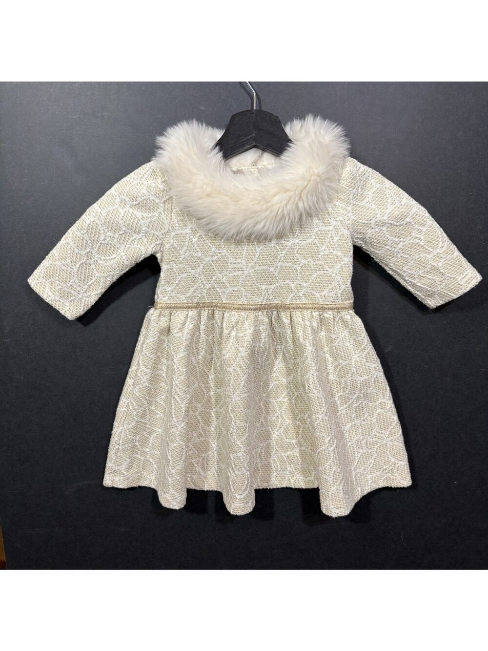 Janie And Jack Baby Girls Metallic Faux Fur Collar Dress White Gold 18-24 Mo